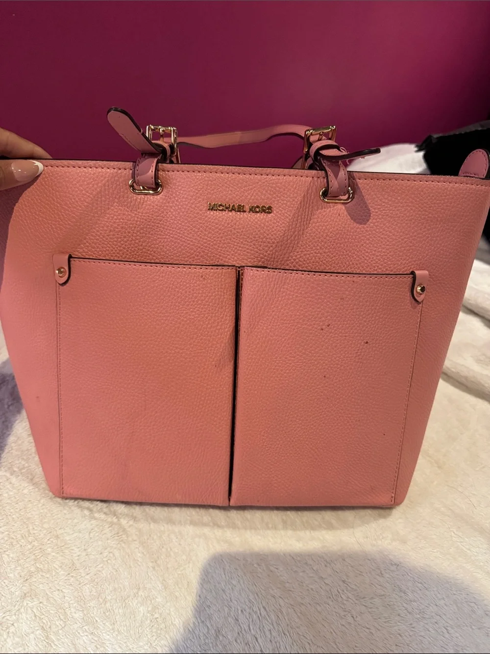 Michael Kors Salmon Pink Pebbled Leather Tote with Front Pockets